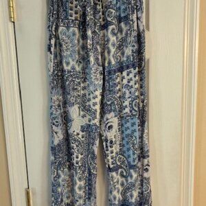 Jules & Leopold Women's Blue White Flowy Beach Cruise Pullon Pockets Pants Sz L